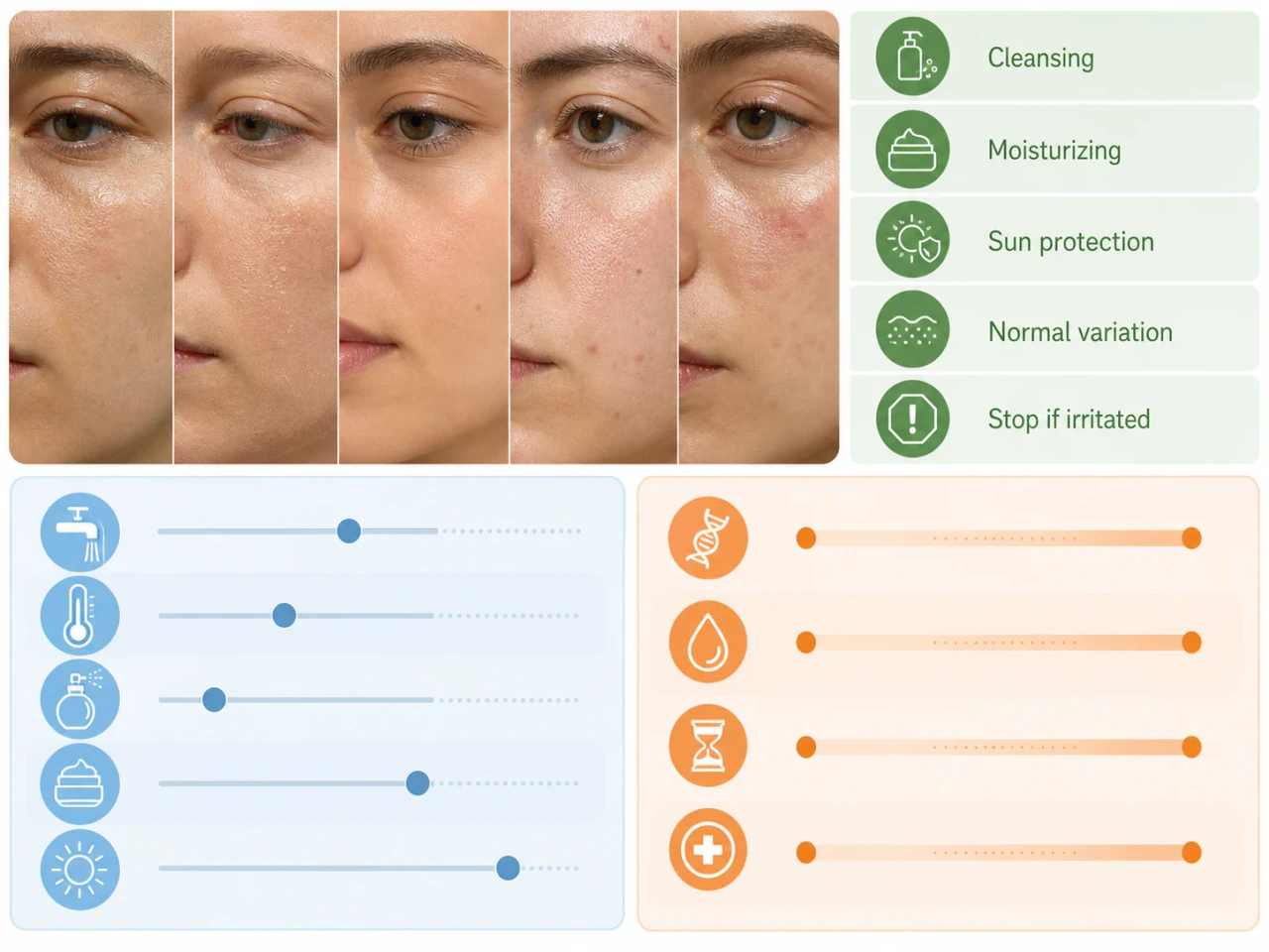 A gentle minimal skincare routine with cleanser, moisturizer, sunscreen, and a product-introduction log