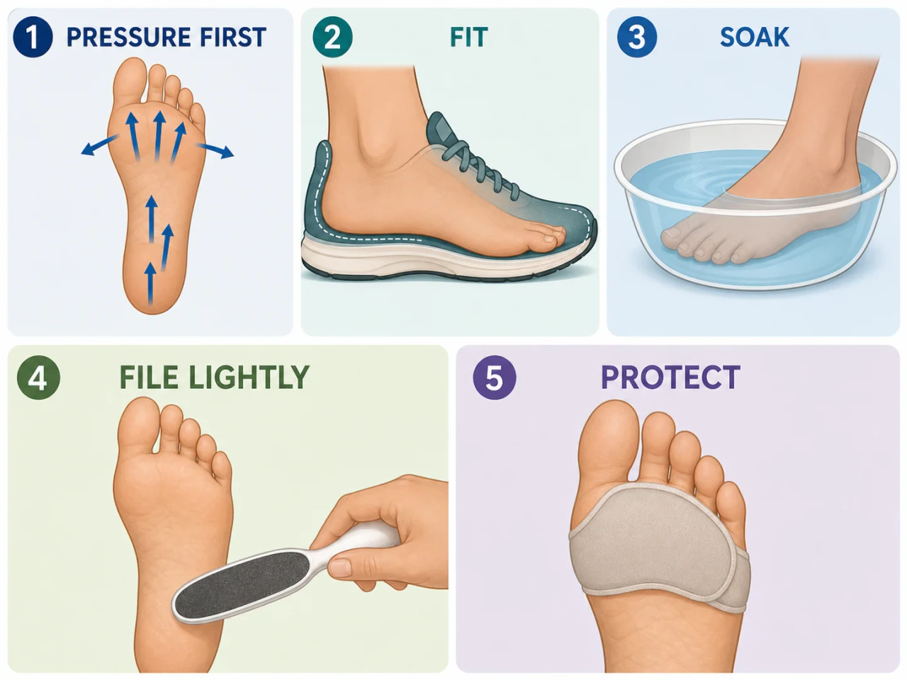 A pressure-first foot-care routine for corns and calluses