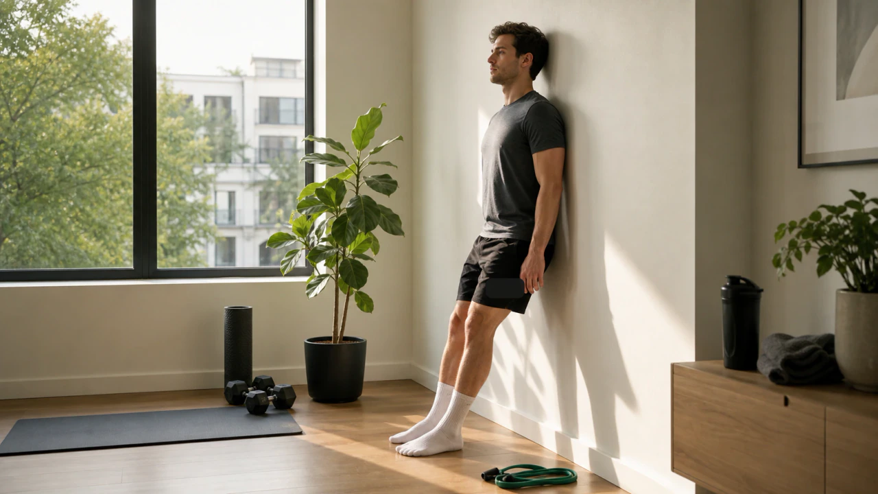 Adult doing a posture wall drill in a calm apartment workout space