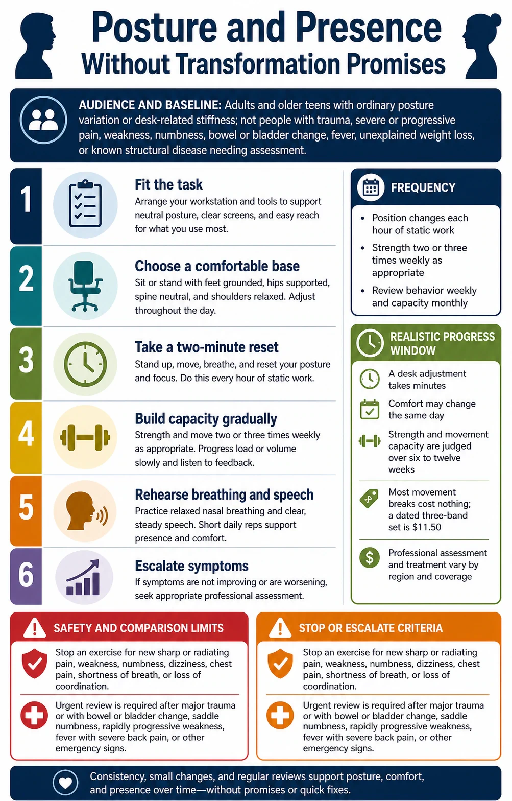 Posture and Presence Without Transformation Promises technical infographic