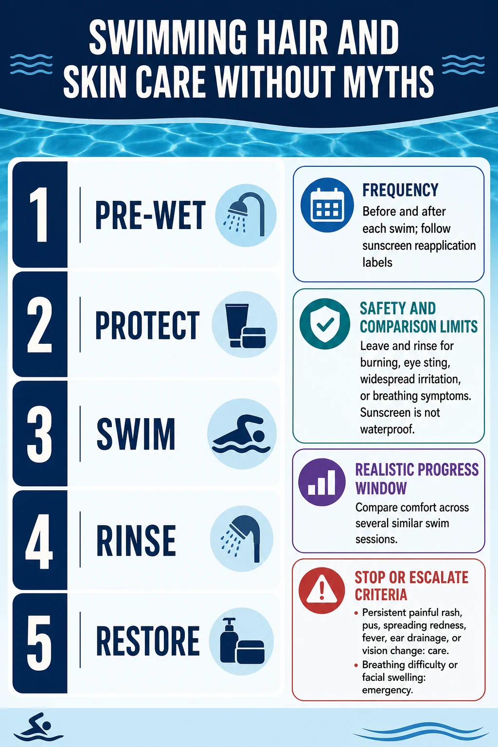 Swimming Hair and Skin Care Without Myths technical infographic