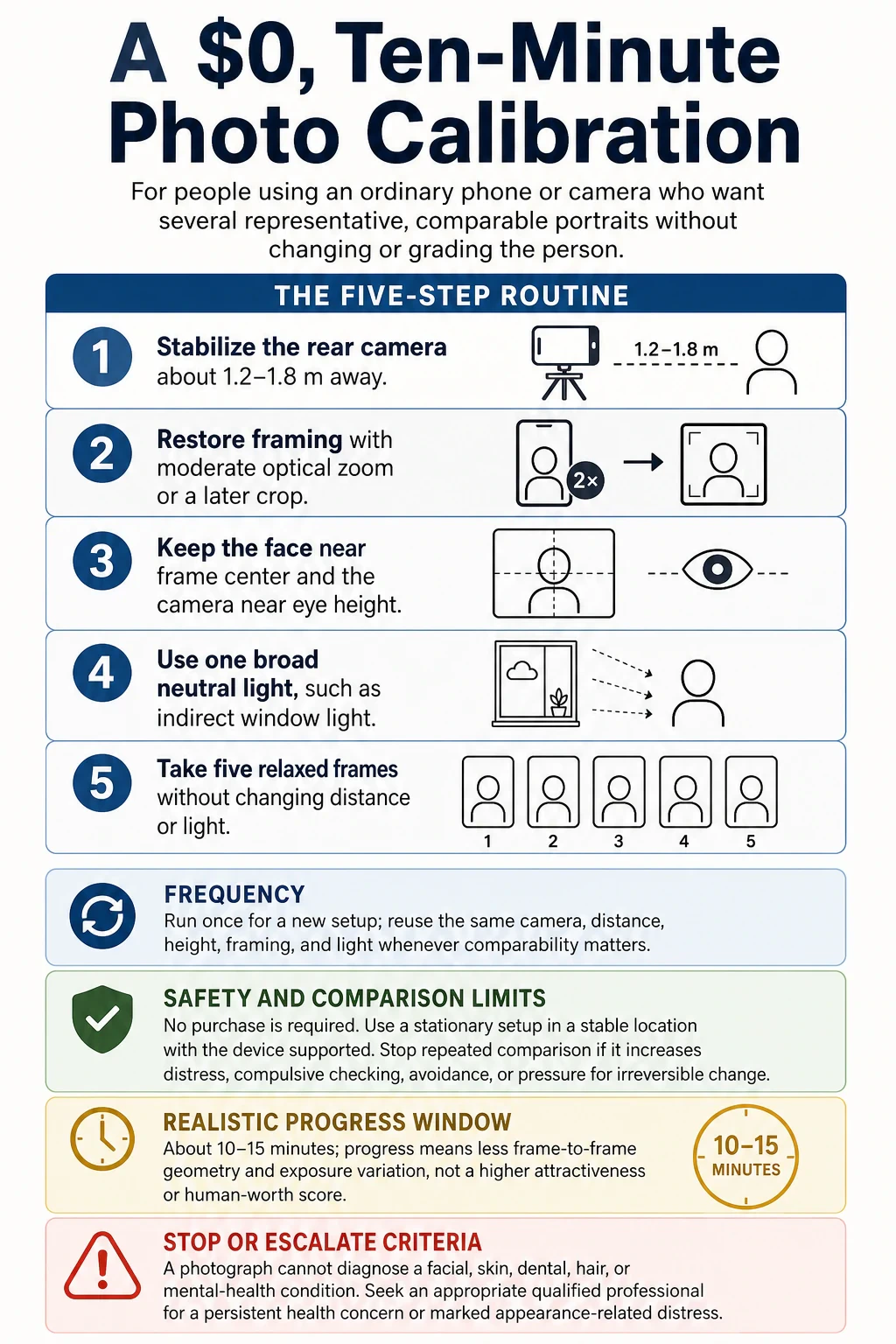 Why You Look Different in Every Photo: Distance, Lighting, and Pose technical infographic