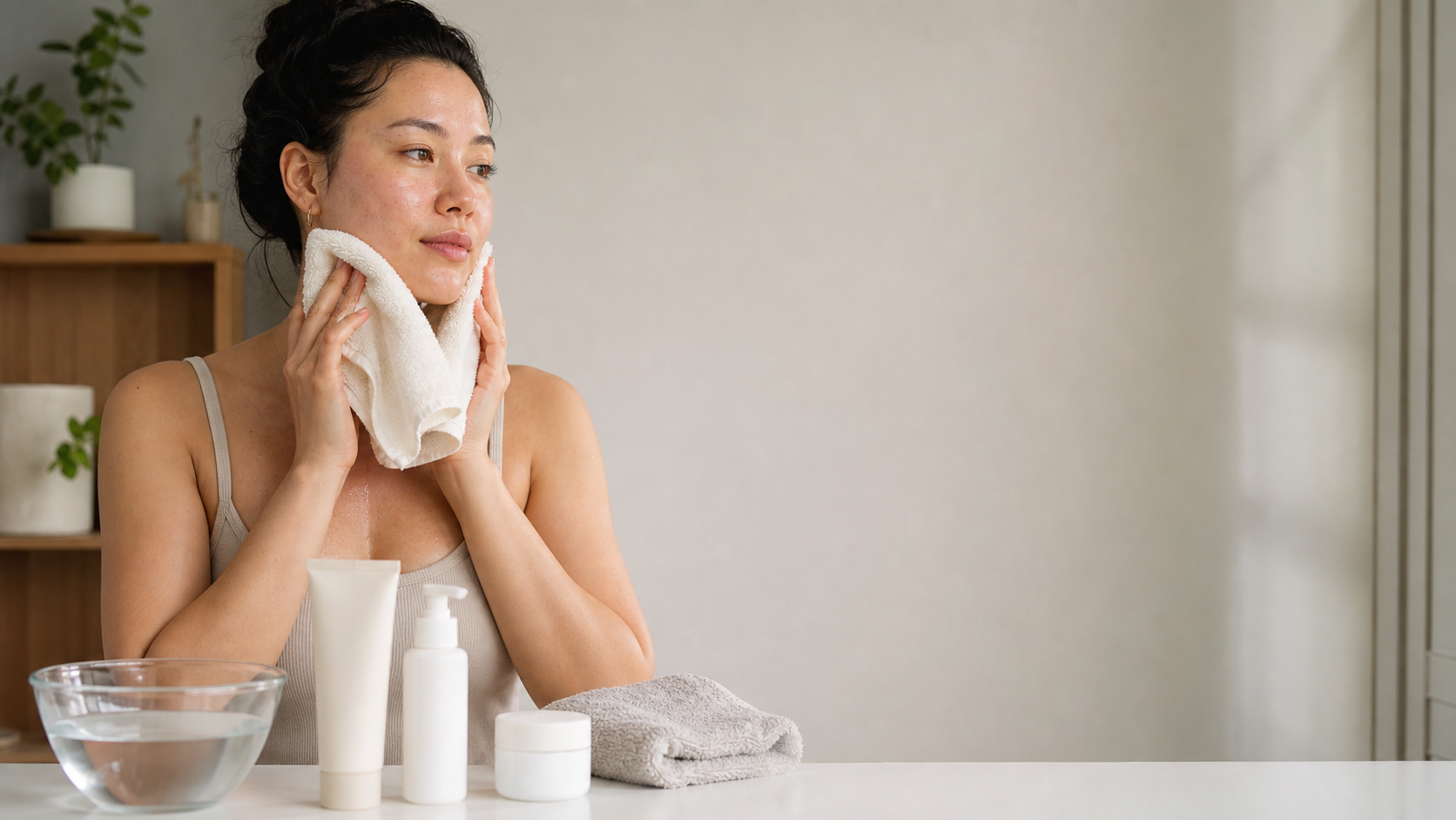 A gentle minimal skincare routine with cleanser, moisturizer, sunscreen, and a product-introduction log