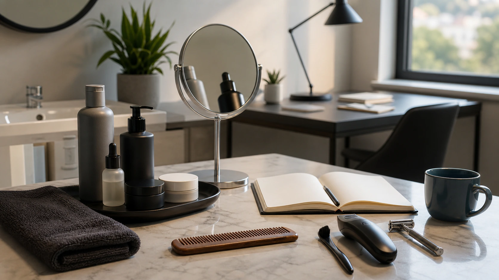 Grooming routine workspace with skincare bottles, mirror, comb, towel, razor, and notebook