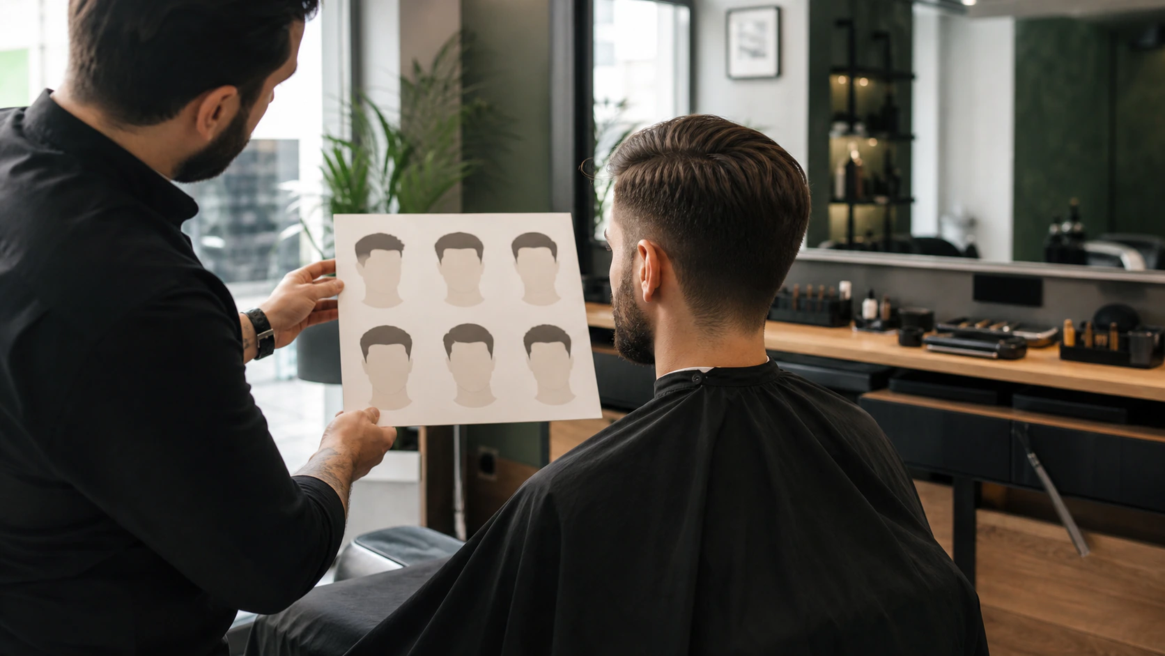 Barber consultation with haircut reference cards in a modern barbershop