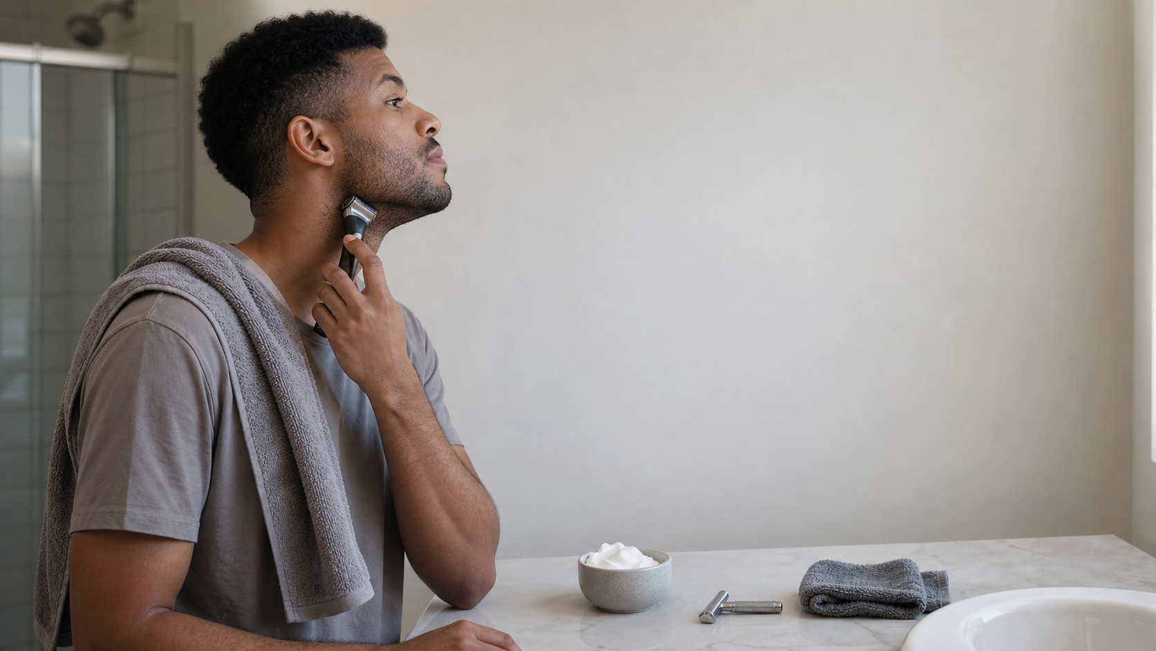 A calm grooming setup for a lower-irritation shaving routine