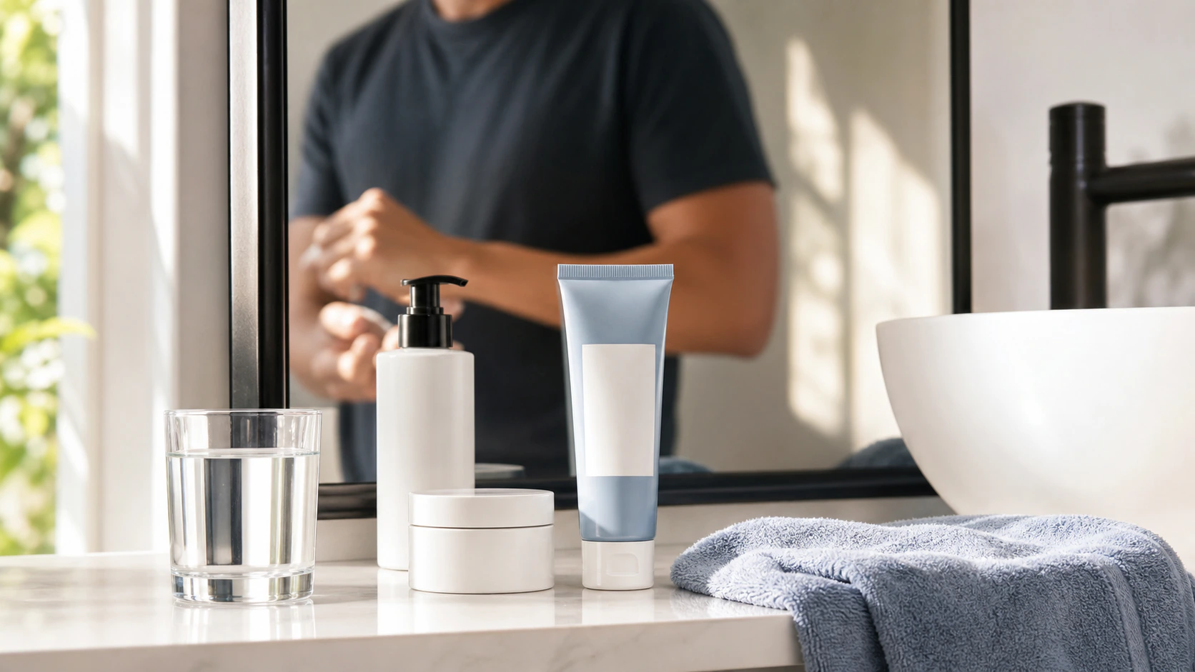 Simple skin-care routine with cleanser, moisturizer, sunscreen, towel, water glass, and bathroom mirror